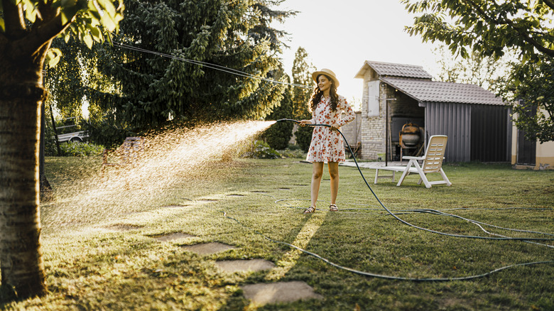 woman watering lawn