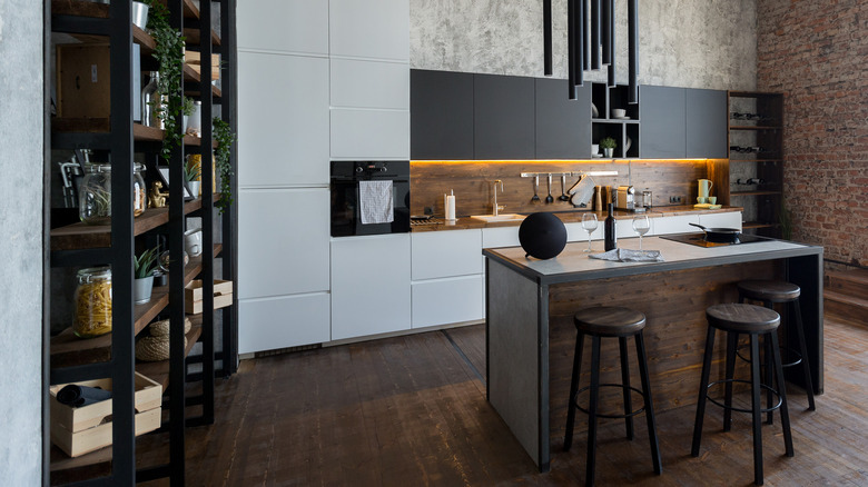 Industrial modern kitchen with barstools