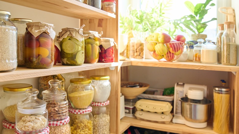 different items on pantry shelves