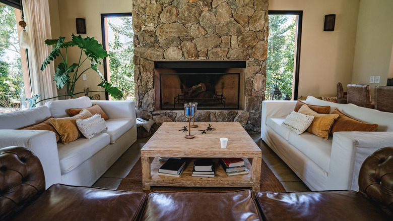 stone fireplace in the living room