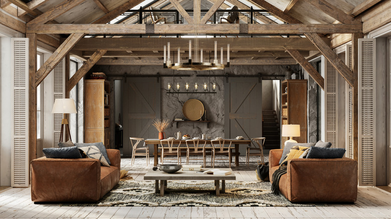 Two couches flank a coffee table in an upscale lodge