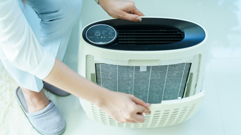 Person changing the filter on an air purifier