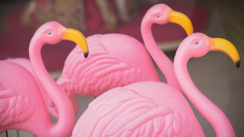 a group of plastic flamingos