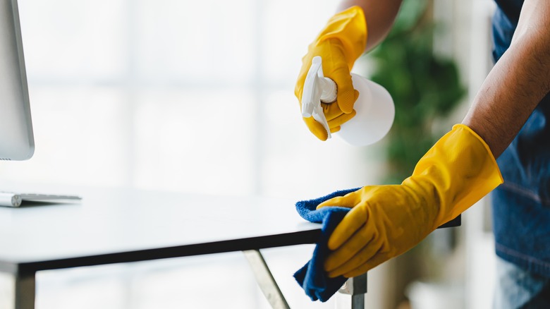 Cleaning rail with spray bottle and cloth