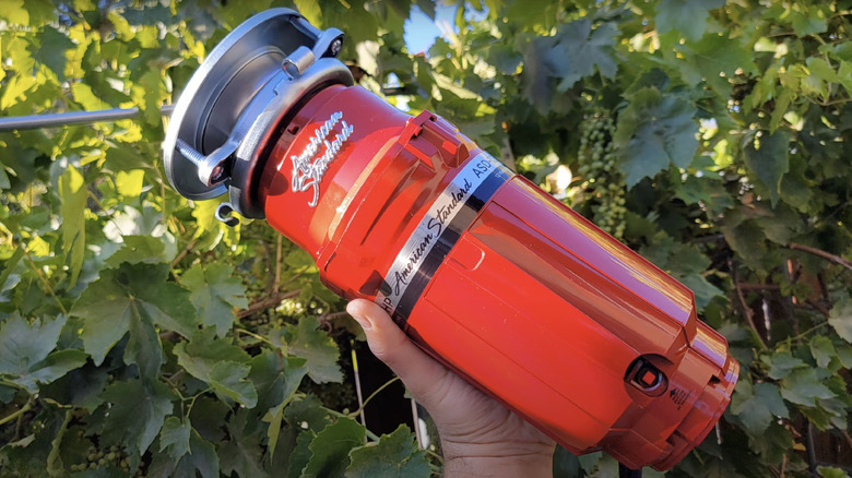 A person holds a red American Standard 1.25HP Food Waste Garbage Disposal