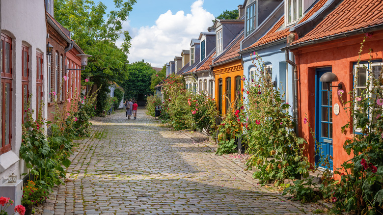 colorful street cottages in Denmark