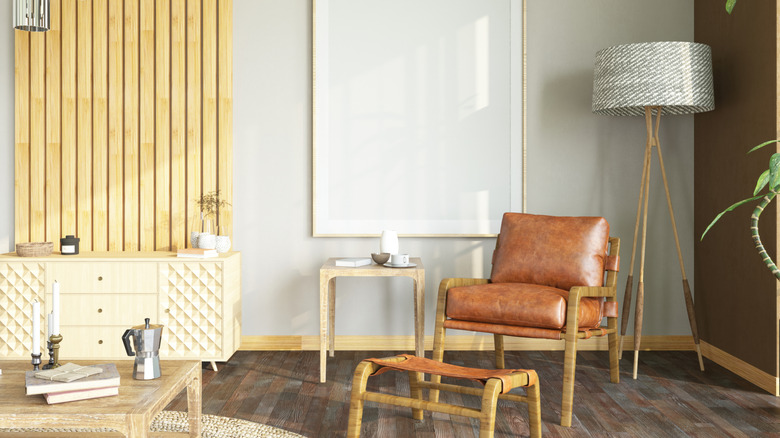 Wood accent wall paired with brown painted accent wall