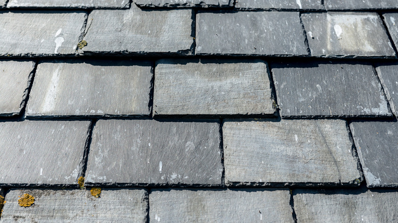 Close up image of grey slate tiles on a roof