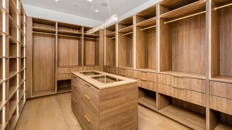 large empty walk-in closet with island in center