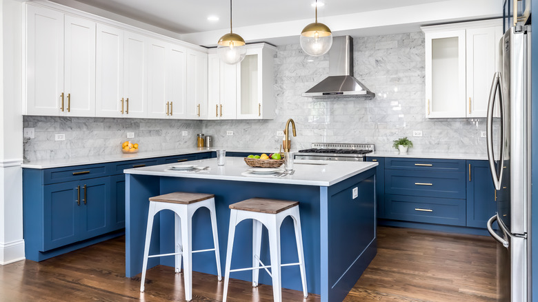 blue and white kitchen wood floor