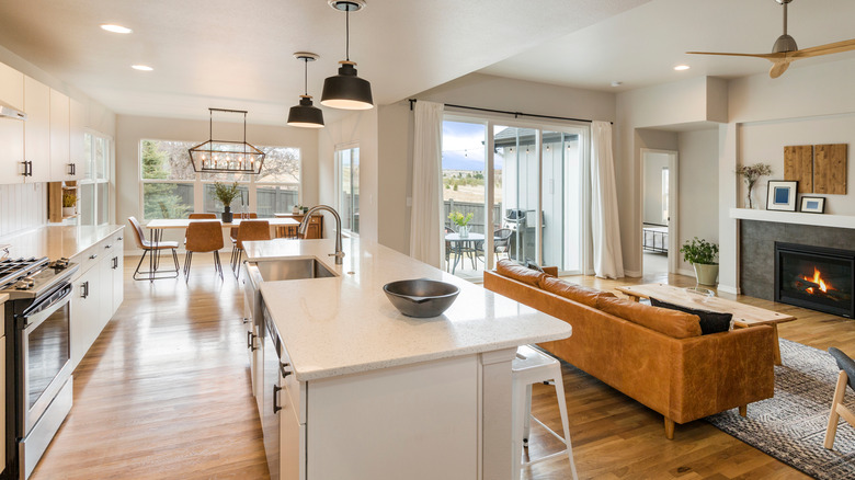 modern farmhouse style kitchen and living room