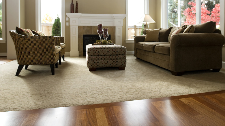 Living room with carpet next to hardwood floors