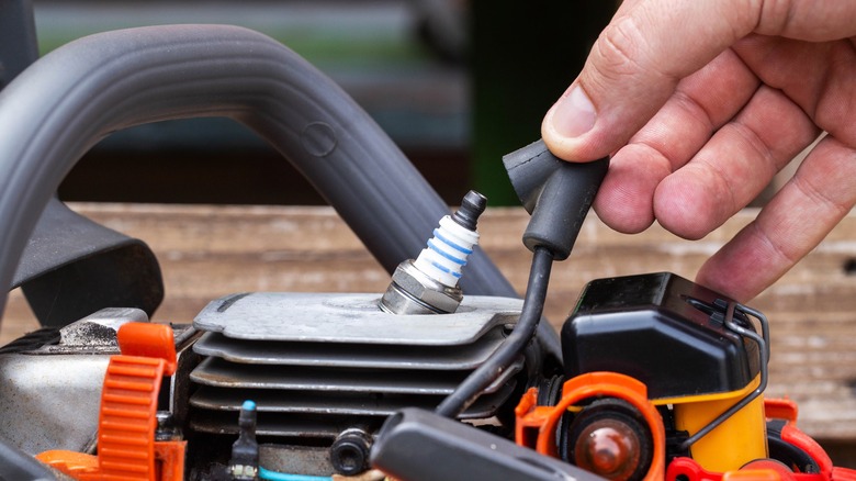 man checking chainsaw spark plug