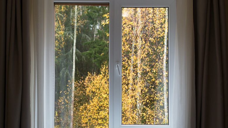 casement window with autumn landscape