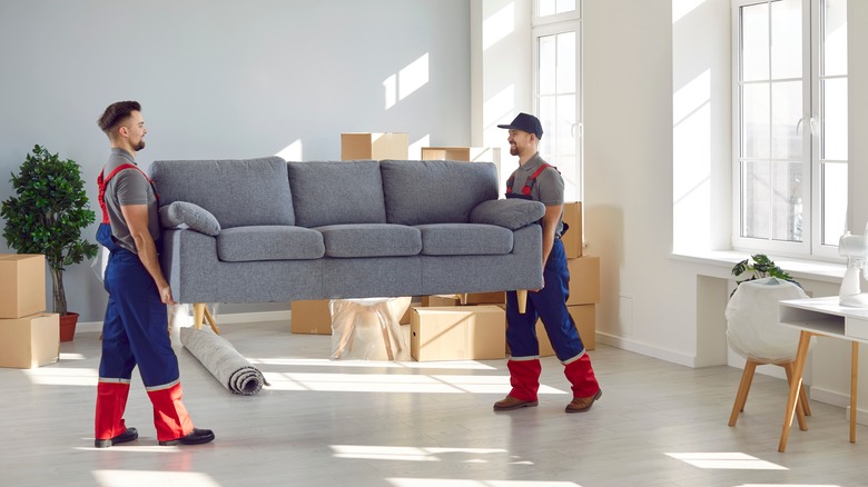 Professional men moving sofa