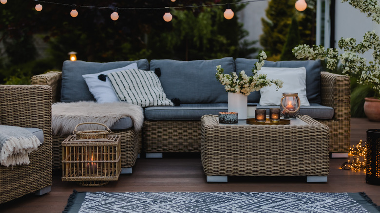 decorated patio with lights and lanterns