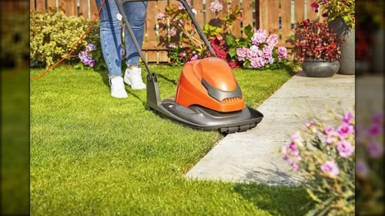 person pushing hover mower