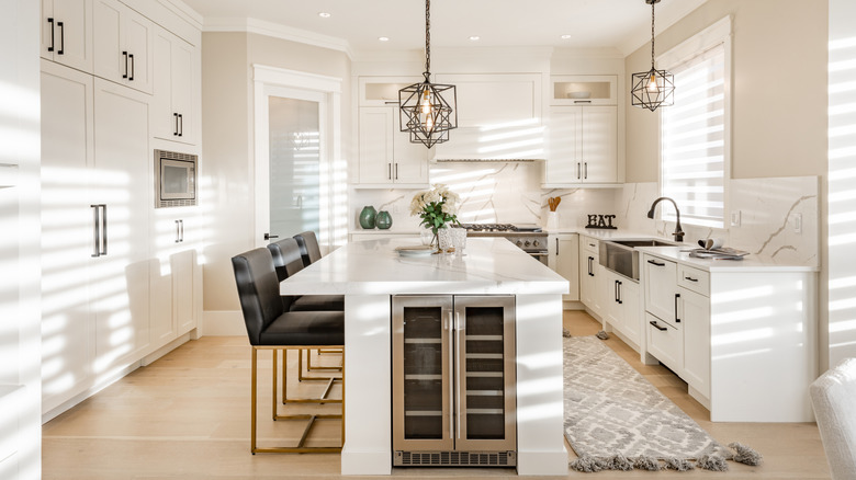 Modern kitchen with a thick countertop on the island