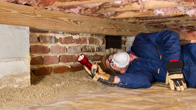 Person inspecting a crawl space