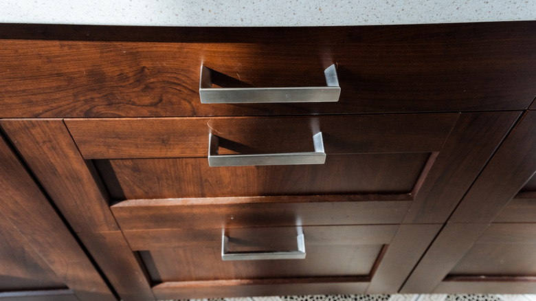 A closeup of stainless steel pulls on hardwood cabinet doors