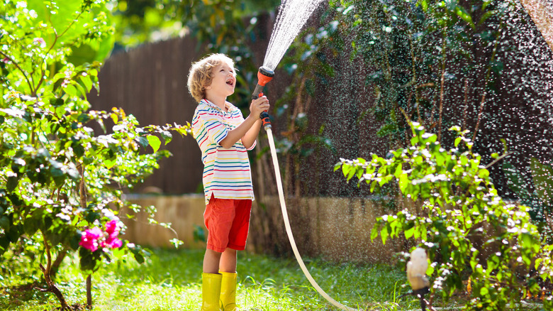 Boy watering his lawn