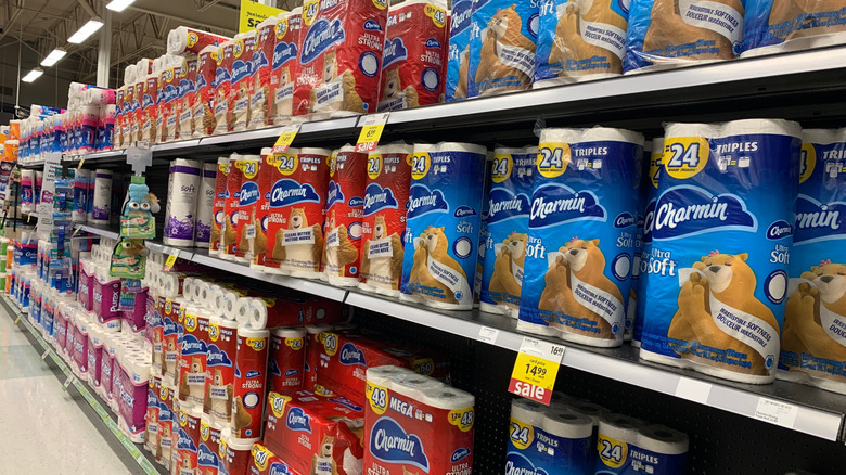 Mega packs of Charmin toilet paper displayed on store shelves