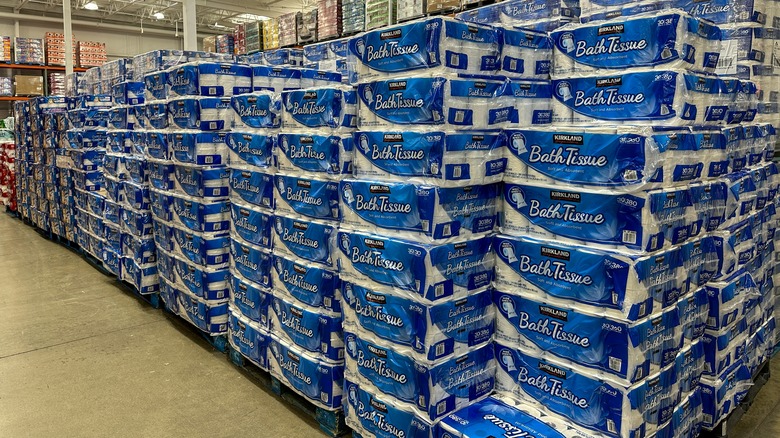 Stacks of Kirkland toilet paper