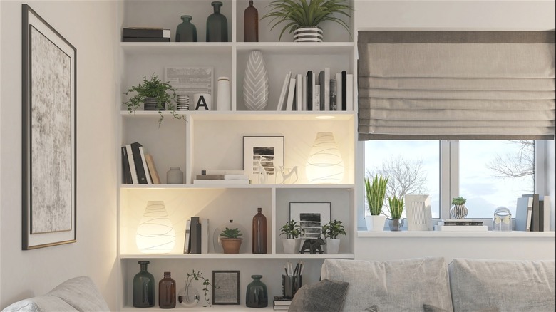 Living area with decorated shelves