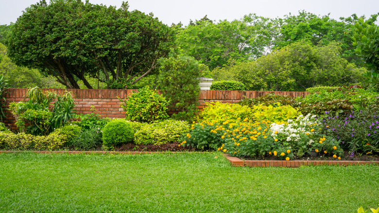 backyard landscaping with brick wall