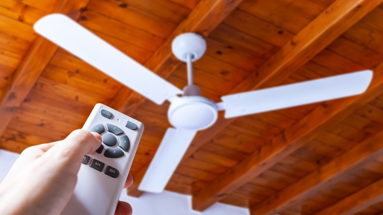 Hand holding ceiling fan remote