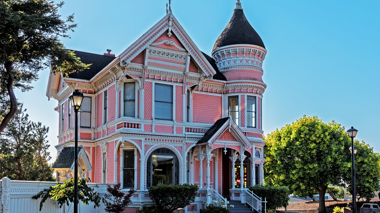 Pink and white Victorian home