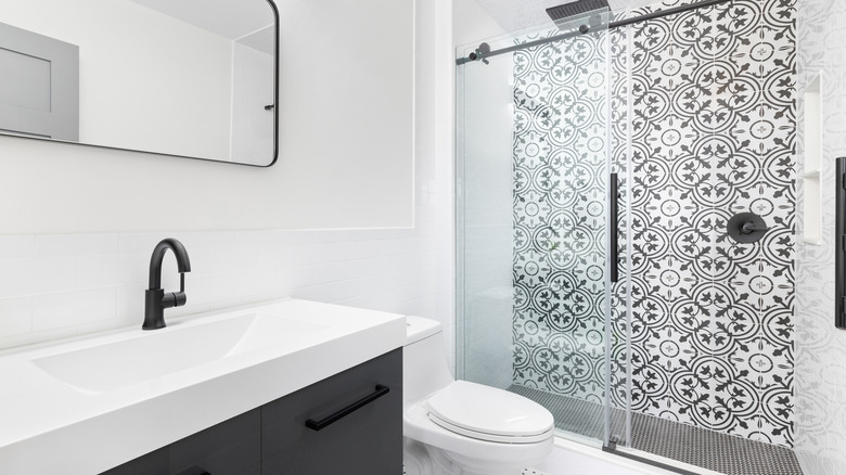 Black and white bathroom with glass shower door