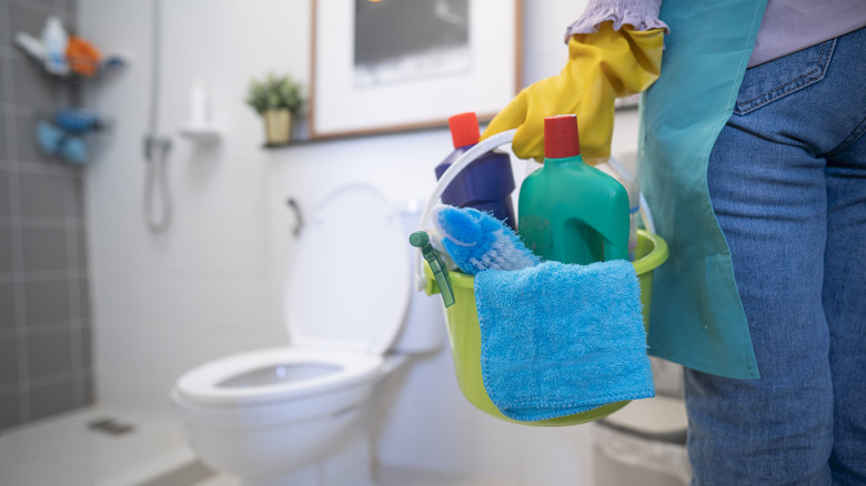 Person holding cleaning supplies in bathroom
