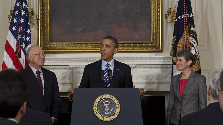 Obama speaking at White House