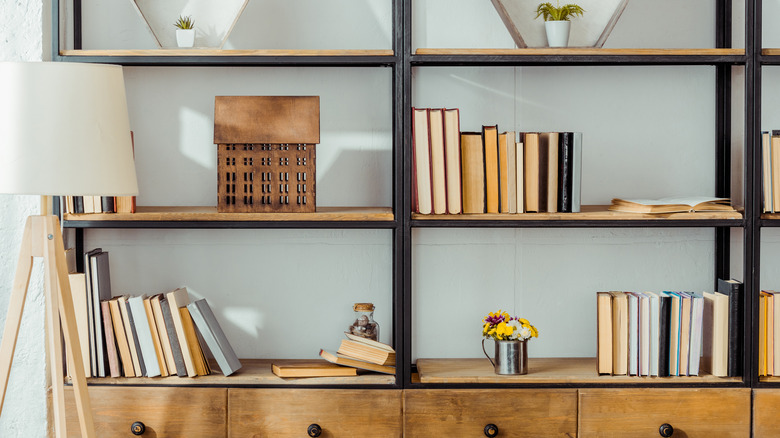 wooden shelf with decorative items