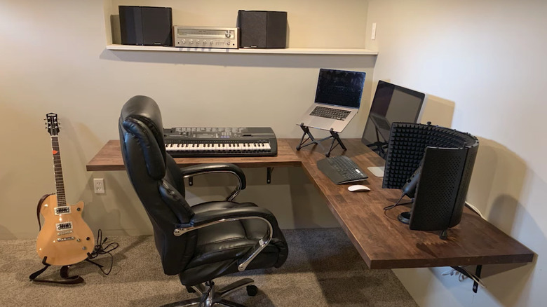 floating wraparound brown wood desk