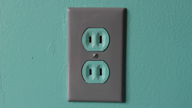 A gray two-prong outlet plug on a green wall