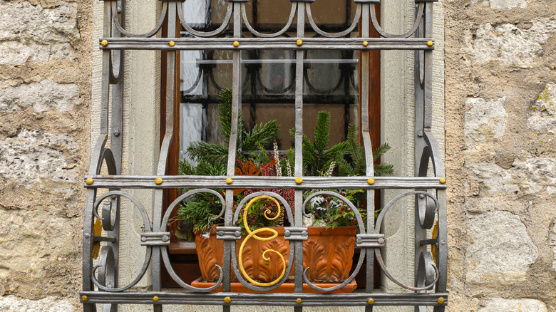 A window's grill curves outward to accommodate a planter box