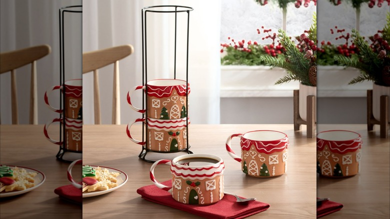 Gingerbread house mug set on wooden table