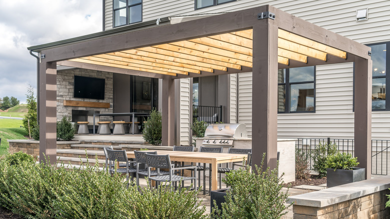 Outdoor patio with a grill