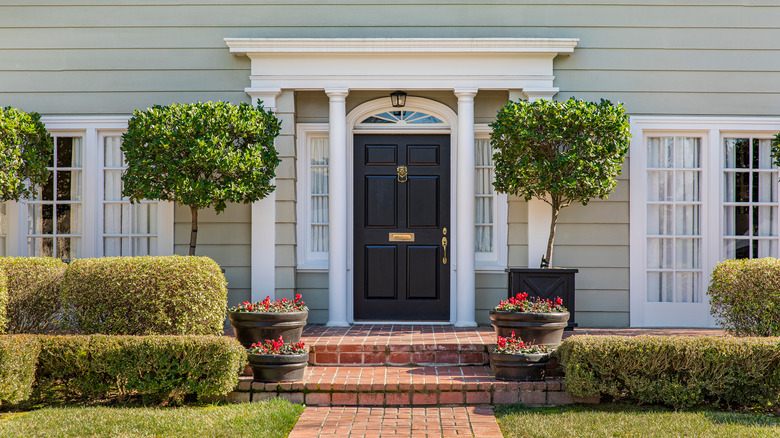 Black door surrounded by greenery