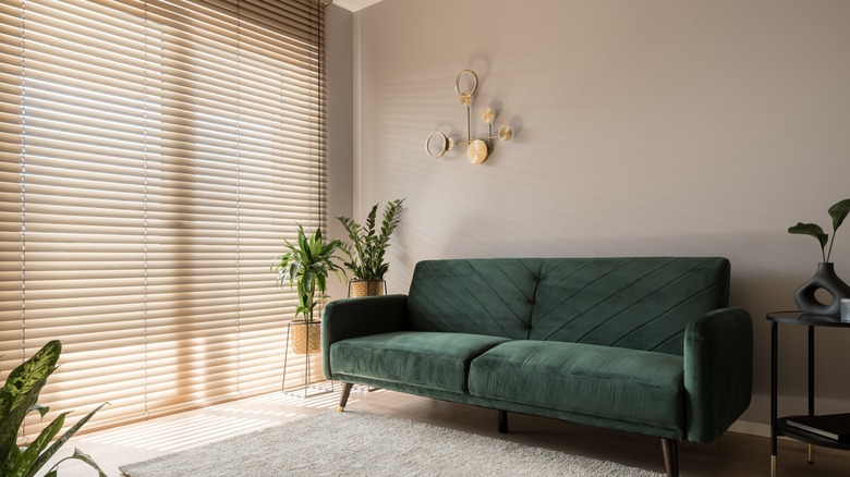 Large window blinds and green couch 