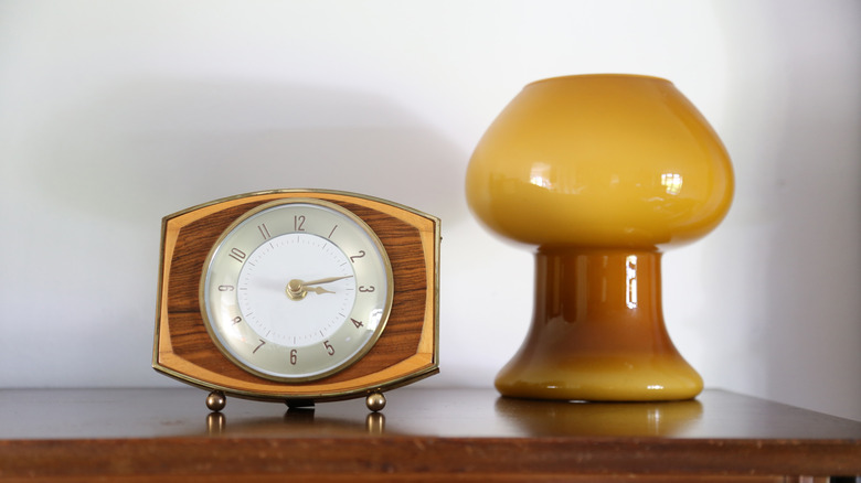 mushroom lamp and a clock