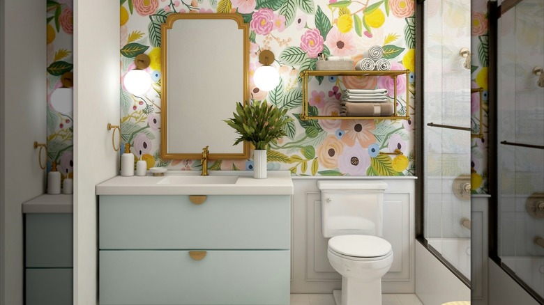 Floral wallpaper in bathroom