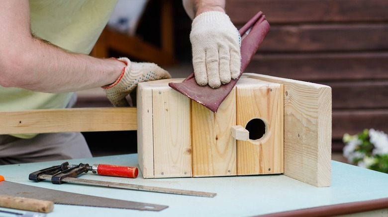 DIYer building a birdhouse