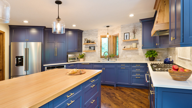 Contemporary kitchen with blue cabinets