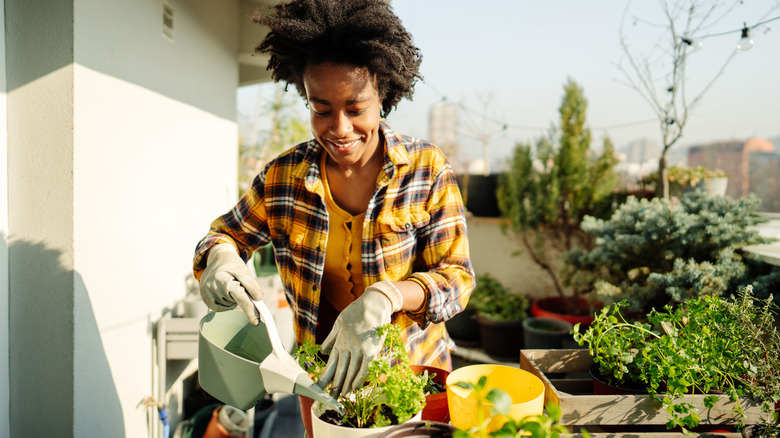 A woman waters plants in her balcony garden.