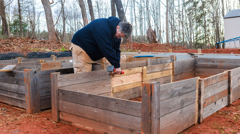 A man is constructing multiple garden beds.