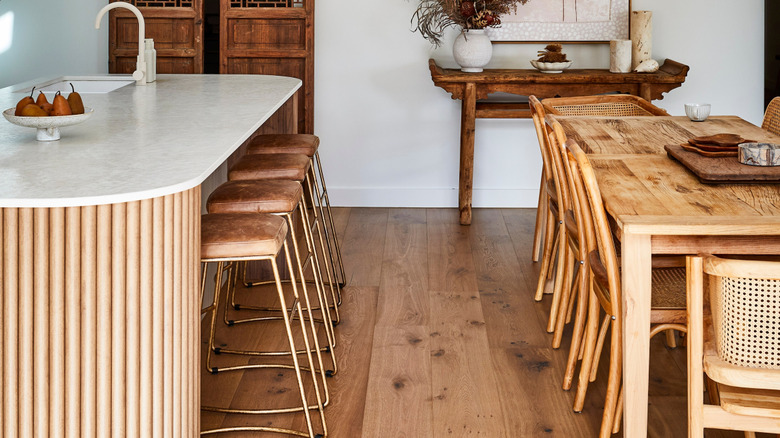 wood fluted kitchen island with white top