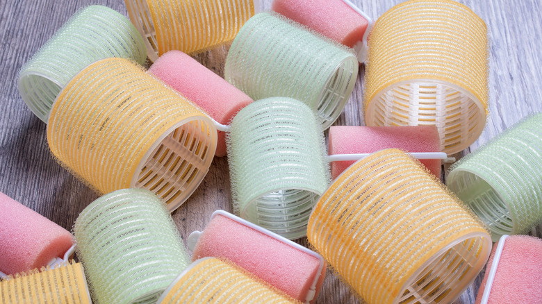 hair curling rollers on table